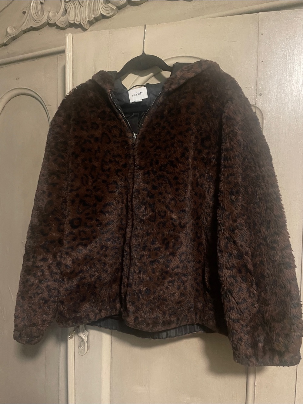 Nine West Brown Faux Fur Leopard-Print Hooded Puffer Jacket